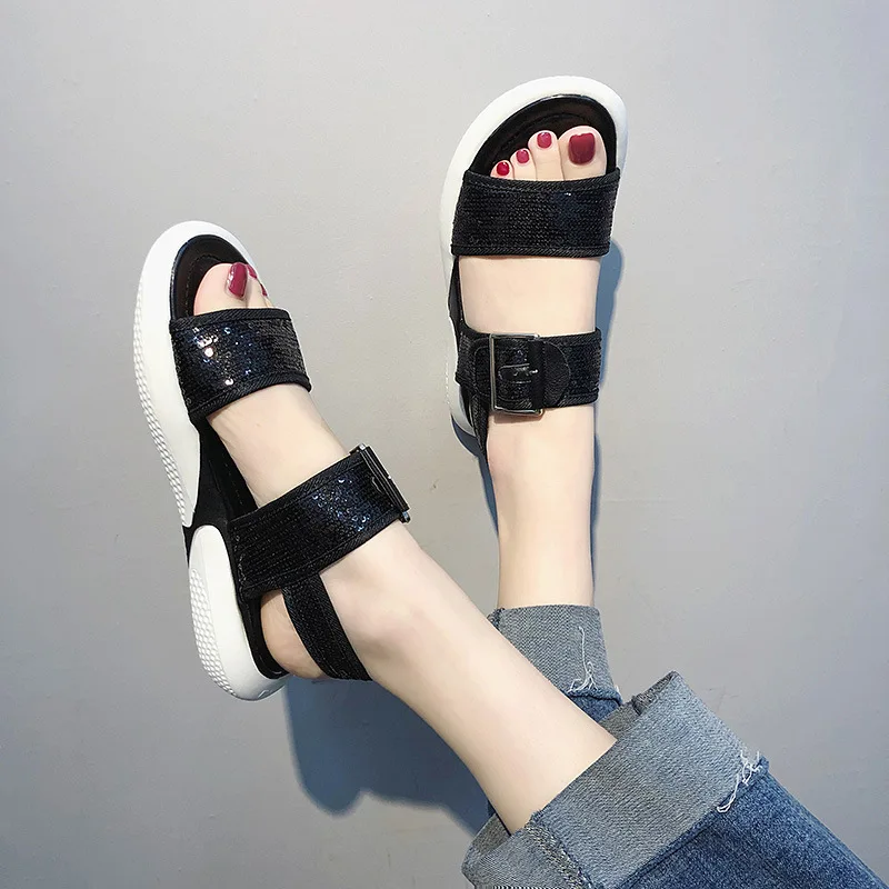 Jookrrix Women shoes forFashion Platform White Chunky Sandals Lady Pu Leather Shoes Wedges High Thick Sole Black Sandal Shoe