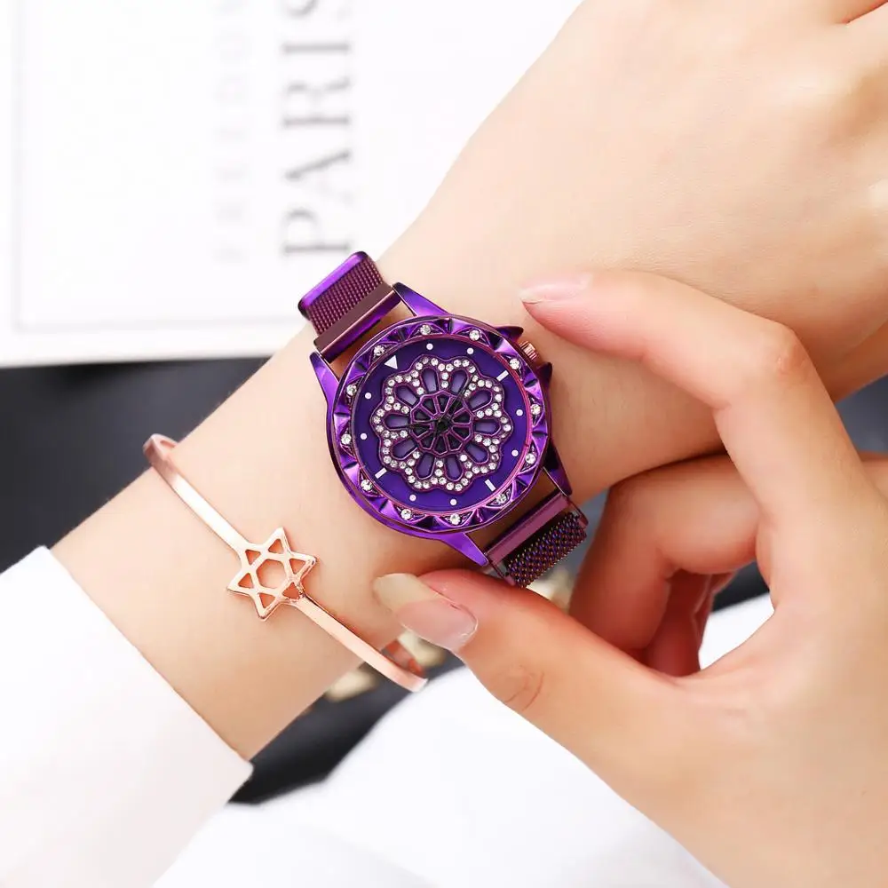 

Lucky Watch Purple Women Rotating Quartz Watch Ladies 2019 Luxury Crystal Women Metal Magnet Wristwatches relogio feminino 2019