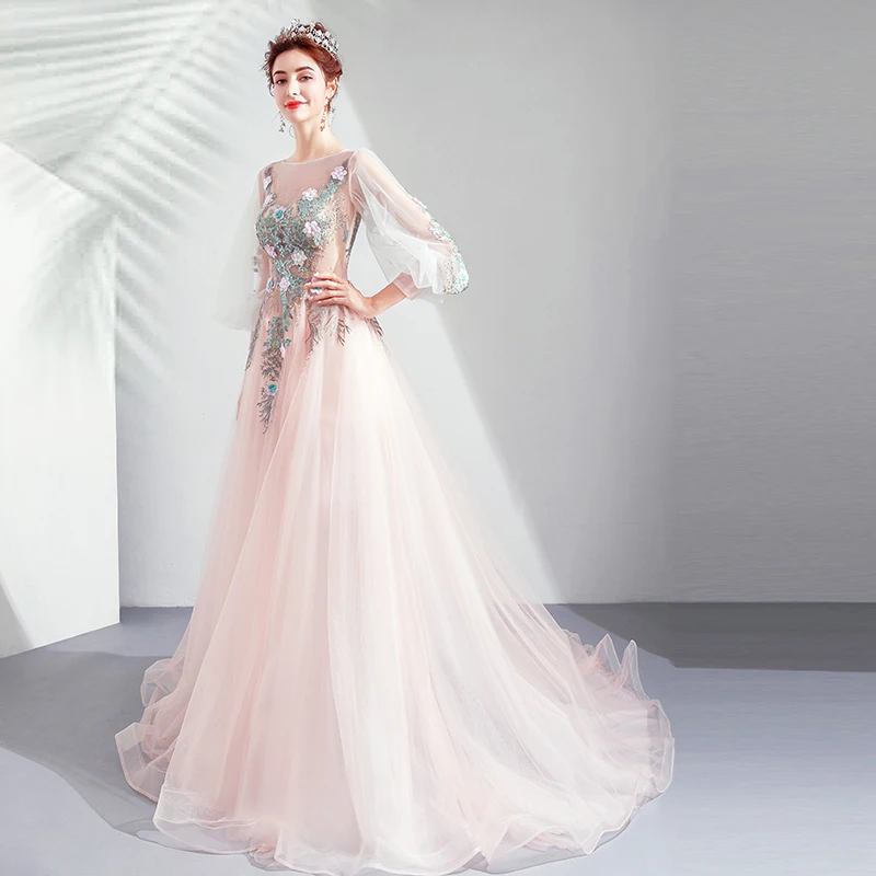 Appliques evening dress 2019 new design pink soft pink party gown golden bead prom dress lace up formal dress vestido de noiva