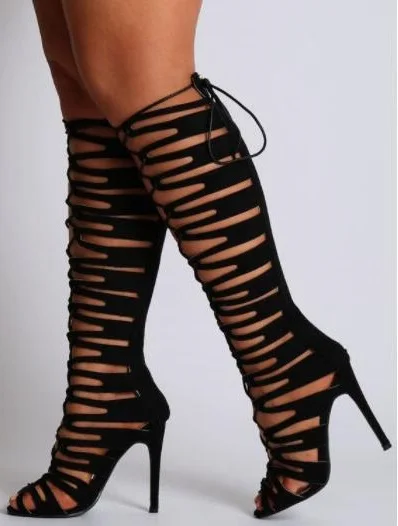 

Hot Selling Black Leather Cross Strap Knee High Sandal Boots Peep Toe Cut-out Lace-up Gladiator Tight High Sandal Boots