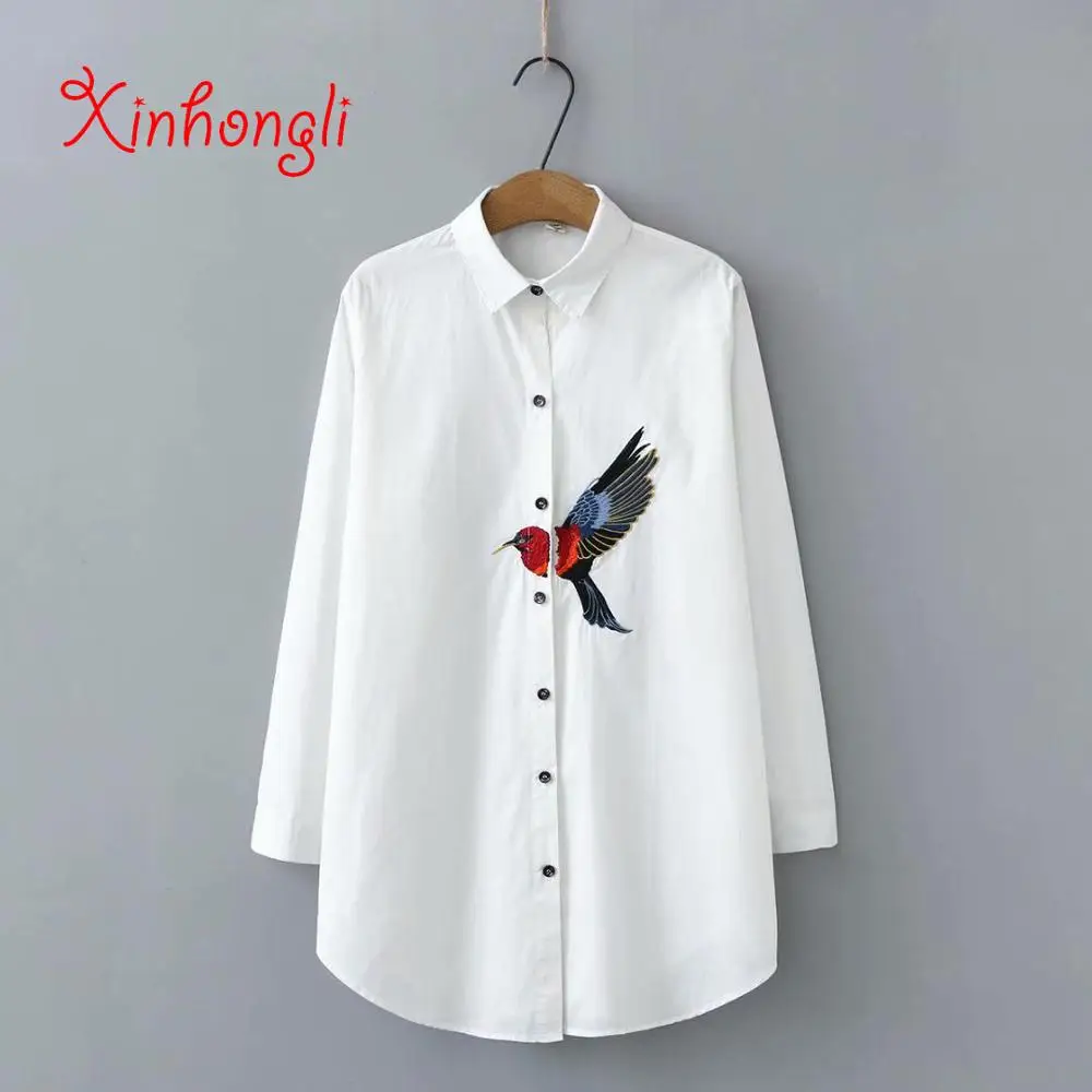 Plus size bird Embroidery women loose blouse spring autumn casual ladies cotton white shirts female tops