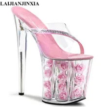 Laijianjinxia/пикантные обувь для танцев 8 дюймов розовые цветы для свадьбы хрустальные Обувь 20 см на высоком каблуке Обувь красная роза на платформе шлёпанцы для женщин