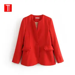 Элегантный красный Ruched женский костюм с карманами 2019, женская обувь демисезонный с длинным рукавом женский работы Блейзер Пальто для