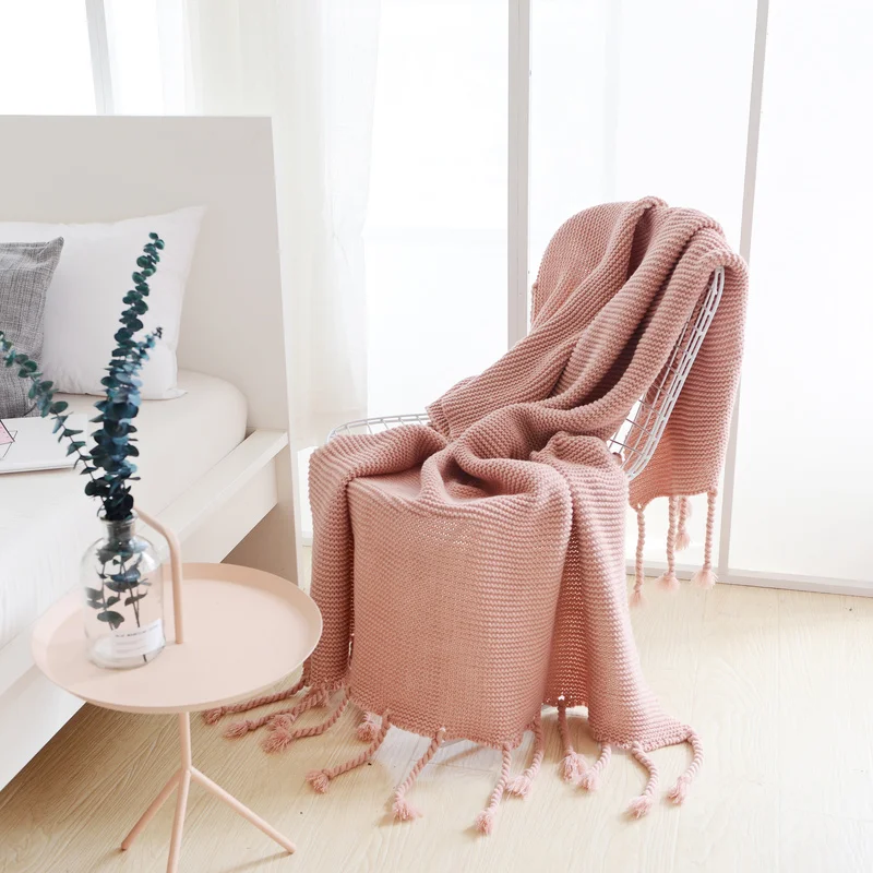 

American Style Thread Blanket with Tassel Solid Throw Blanket for Bed Sofa Office Home Textile Wool Knitted Carpet 130x170cm
