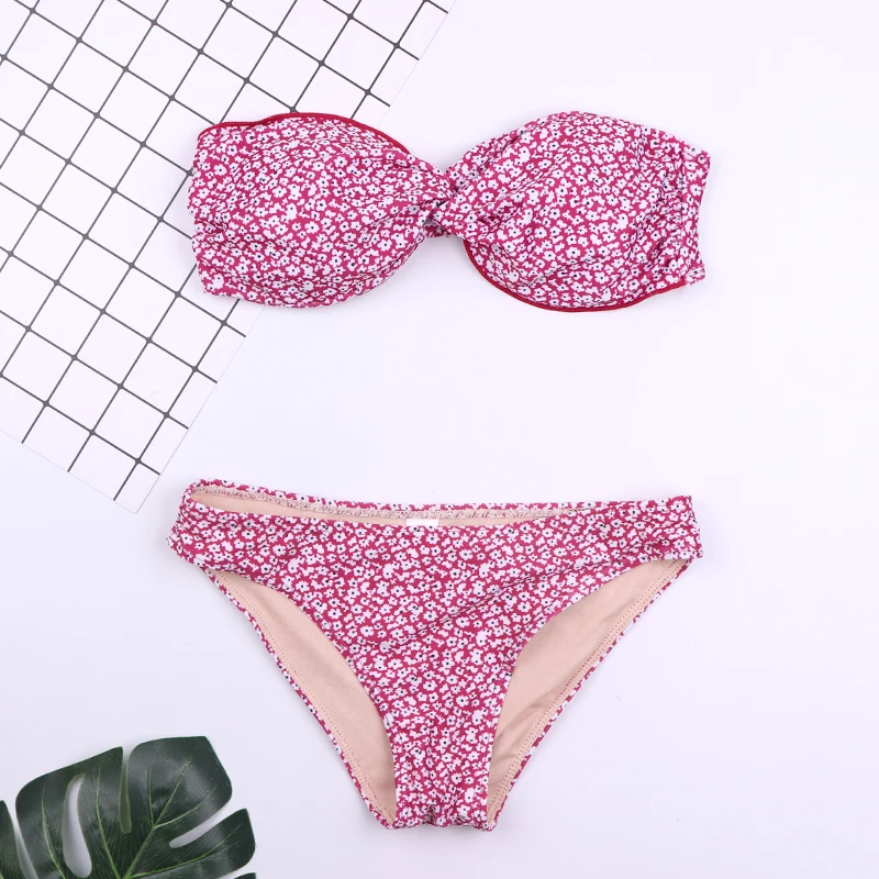 

TRYNNA Biquini Pink Crushed Flower Print Girl Bikini Swimwear Women Crossed Off Shoulder Strap Two Piece Swimsuit