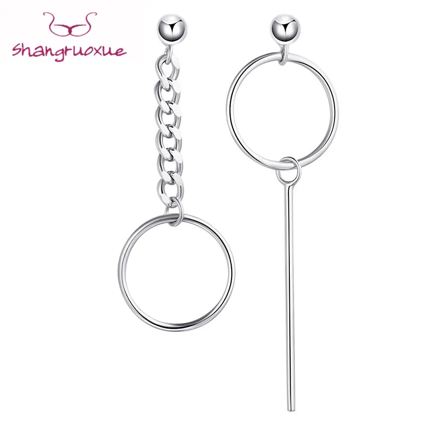 

HONGYE 925 Sterling Long Bar Dangle Earrings For Women Silver Round Mismatched Circle Earrings Drop With Pendant Brincos Bijoux