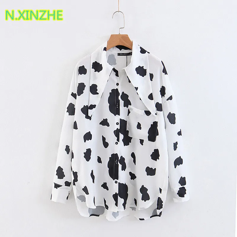

2019 women clothing long sleeve lapel neck milk cow print relaxed shirt long Tops Female casual preppy style loose blouses C4664