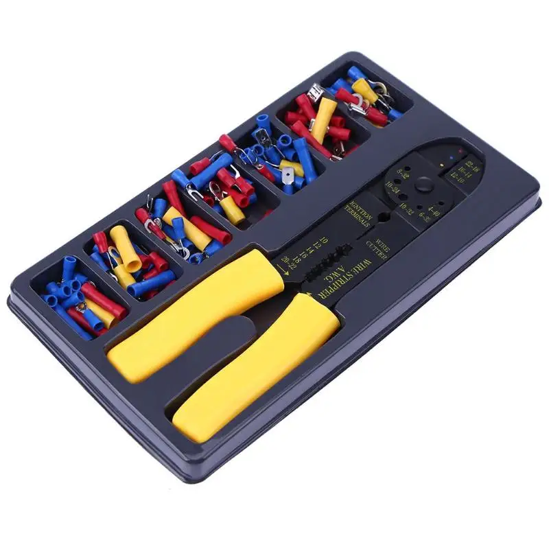 

AWG Wire Stripper Cutter Crimper Terminal Crimping Stripping Plier Tools + 100pcs Cold Terminal Connector Adapter