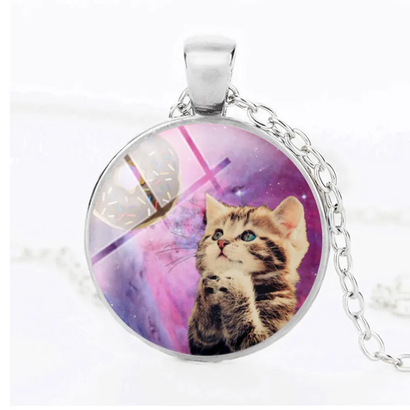 

Suteyi Pink Pet Cat Love Donut Necklaces Handmade Round Glass Pendant Galaxy Cat Necklace Women Charms Gifts Jewelry