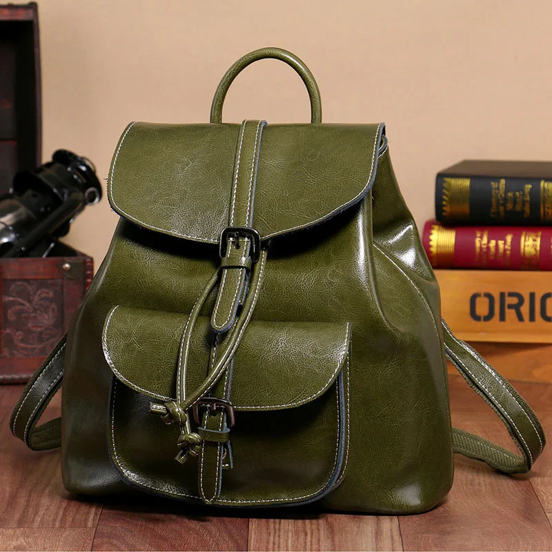 Znakomity, черный небольшой женский рюкзак на шнурке, сумка, женский рюкзак из натуральной кожи, сумка на плечо, коровья кожа, винтажный рюкзак - Цвет: olive