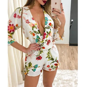 

Womens Deep V-Neck Floral Print Wrapped Rompers Shorts Playsuit Sexy One Piece Outfits 2019 Summer