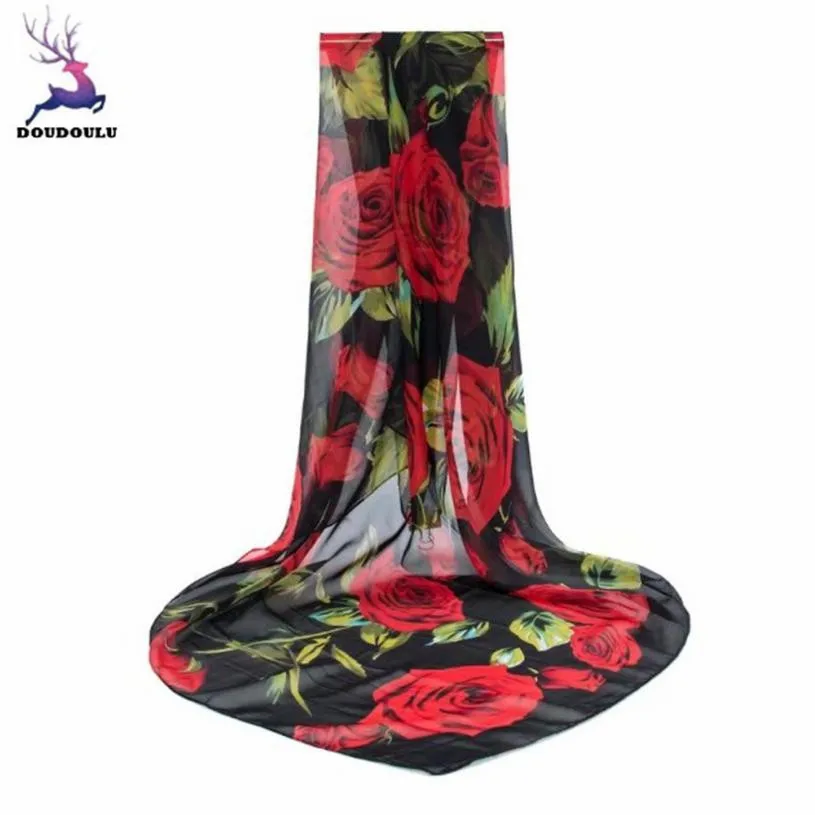 

DOUDOULU Floral Rose woman chiffon Silk scarf woman scarves long Chiffon scarves shawl wrap Stole 2018 Cachecol Bufanda Mujer#SS