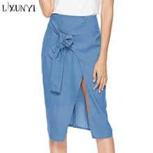 Новая весенне-летняя легкая синяя джинсовая юбка женская кружевная юбка с высокой талией Миди сплит-пакет бедра джинсовые юбки верхняя одежда женская