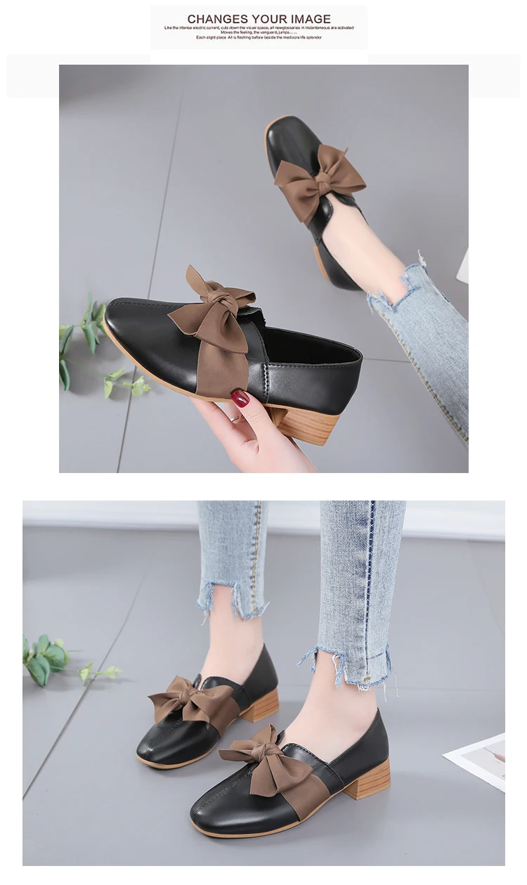 Bow Knot Casual Shoes for Women Flats Leather Oxfords Women Shoes Woman Fashion Square Heels Slip on Ladies Shoes Espadrilles