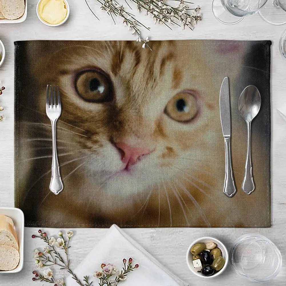

Cute 3D Cat Print Placemat Pad Linen Dining Table Insulation Mat Home Decoration