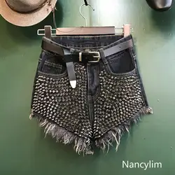 NANCYLIM Street черный шорты для женщин в стиле панк полный заклепки вырезать бахромы Высокая талия облегающие джинсовые шорты леди ночь Клубные