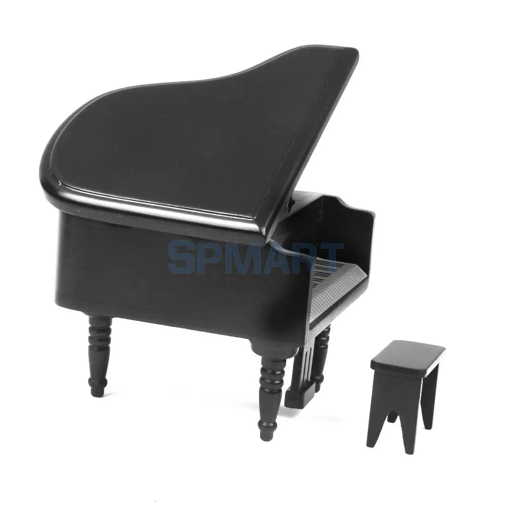 MagiDeal 1/12 Scale Dollhouse Miniature Wooden Piano with Stool Black for Dollhouse Decor Kids Toy