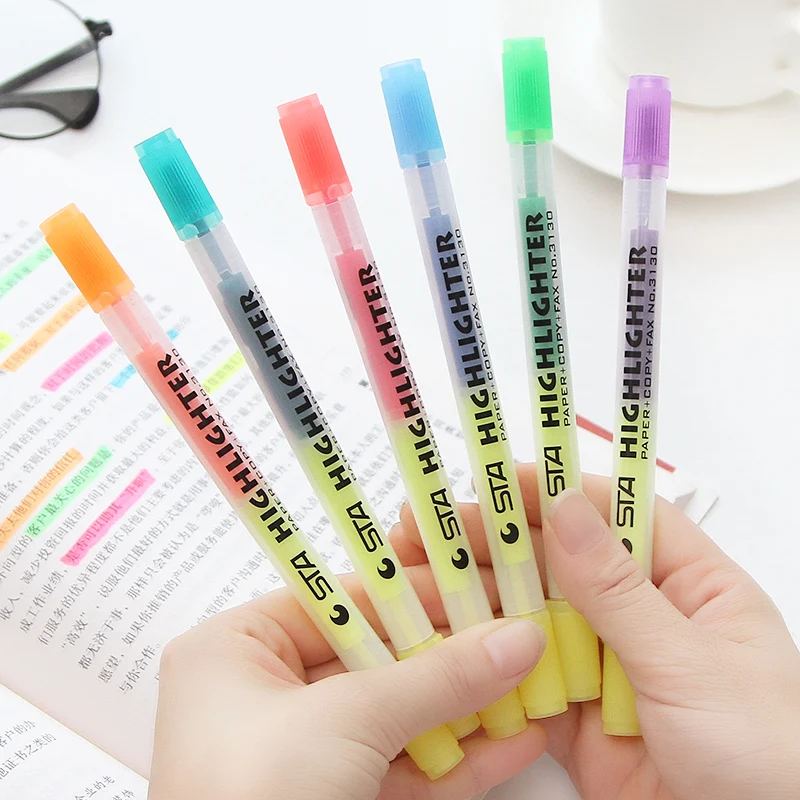 

6 pcs/Lot Twin-tips highlighter pen for paper faxt copies 1-4mm marker Stationery office accessories School supplies 6183