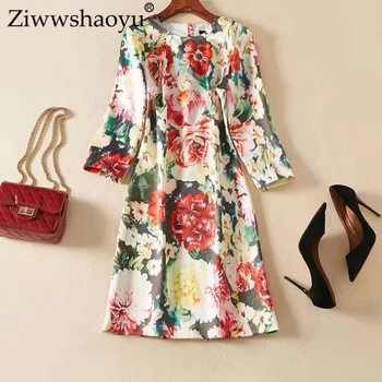 

Ziwwshaoyu Elegant Print dresses O-Neck temperament Slim dress Spring and summer new women's