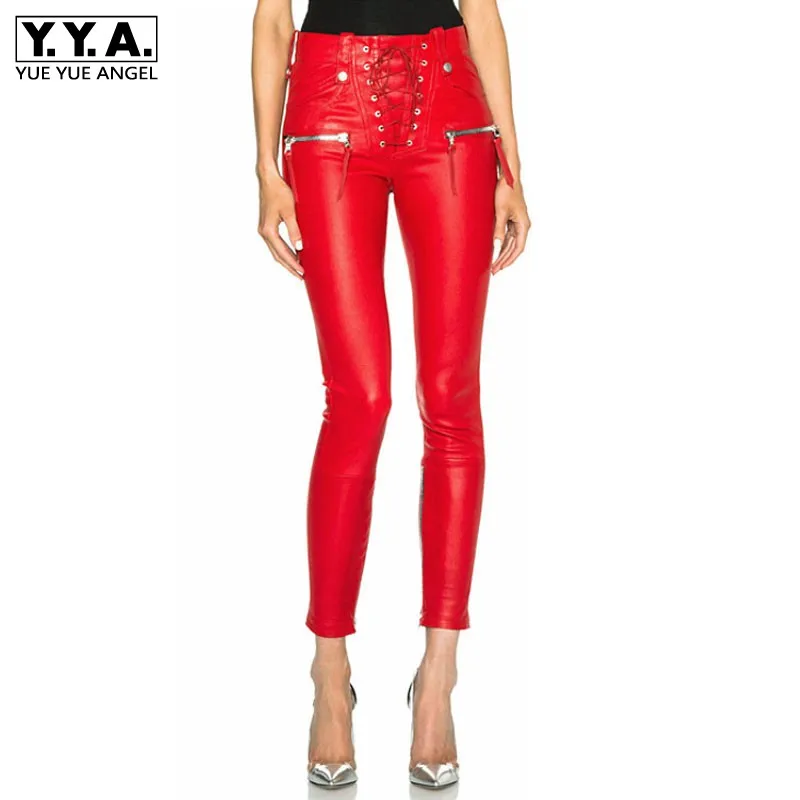 

Design PU Leather Bandage Slim Fit Pants Women European Style Punk Leather Pantalon Autumn Side Zipper Red Black Trousers Female