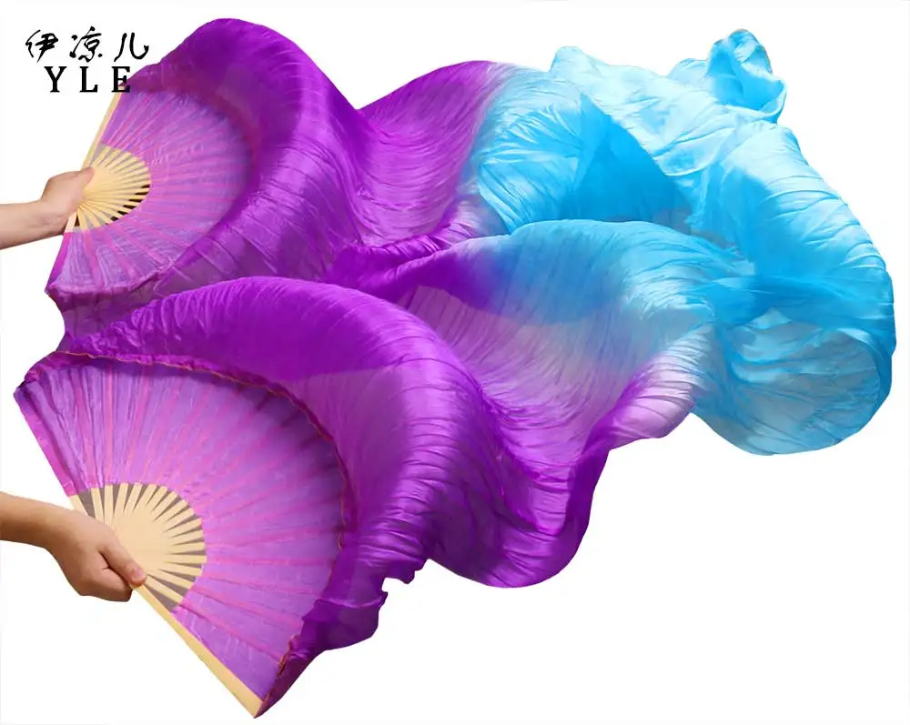 Новое поступление высокое качество шелк вееры из ткани 1 пара ручной работы для женщин шелк танец живота вентиляторы фиолетовый+ бирюзовый цвет 180*90 см