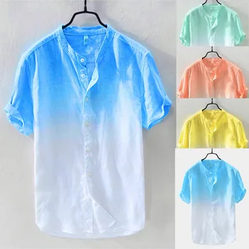 

Summer Fashion Men's Shirt Cool Thin Breathable Casual Collar Hanging Dyed Gradient Cotton Linen Shirts Men Clothing 3XL