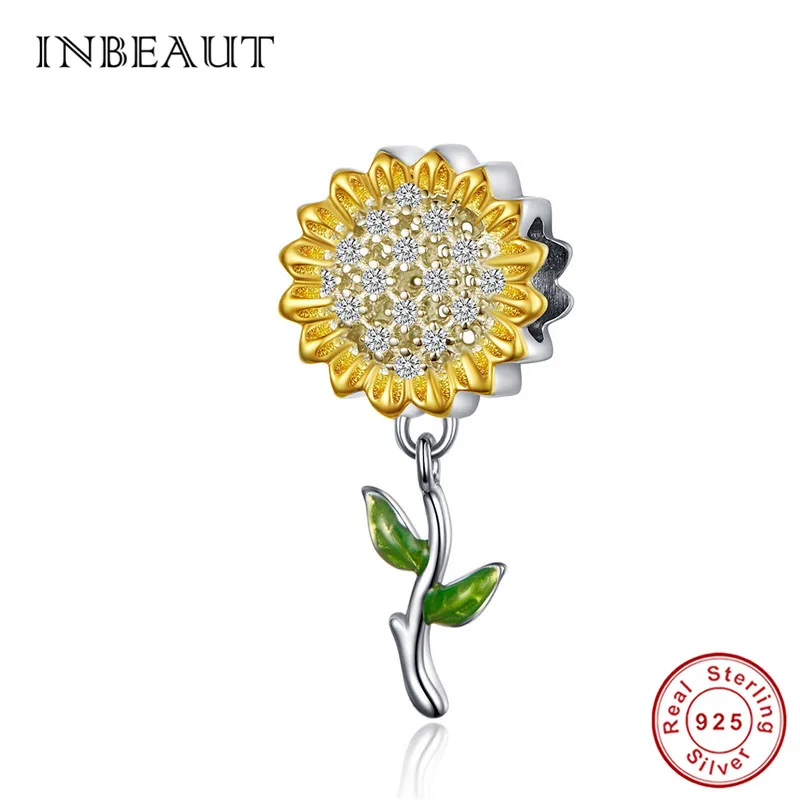 INBEAUT 100% 925 Sterling Silver Yellow Sunflower Charms Hot Sale Green Bud Leaf Summer Flower Beads fit Brand Bracelet Gift | Украшения и