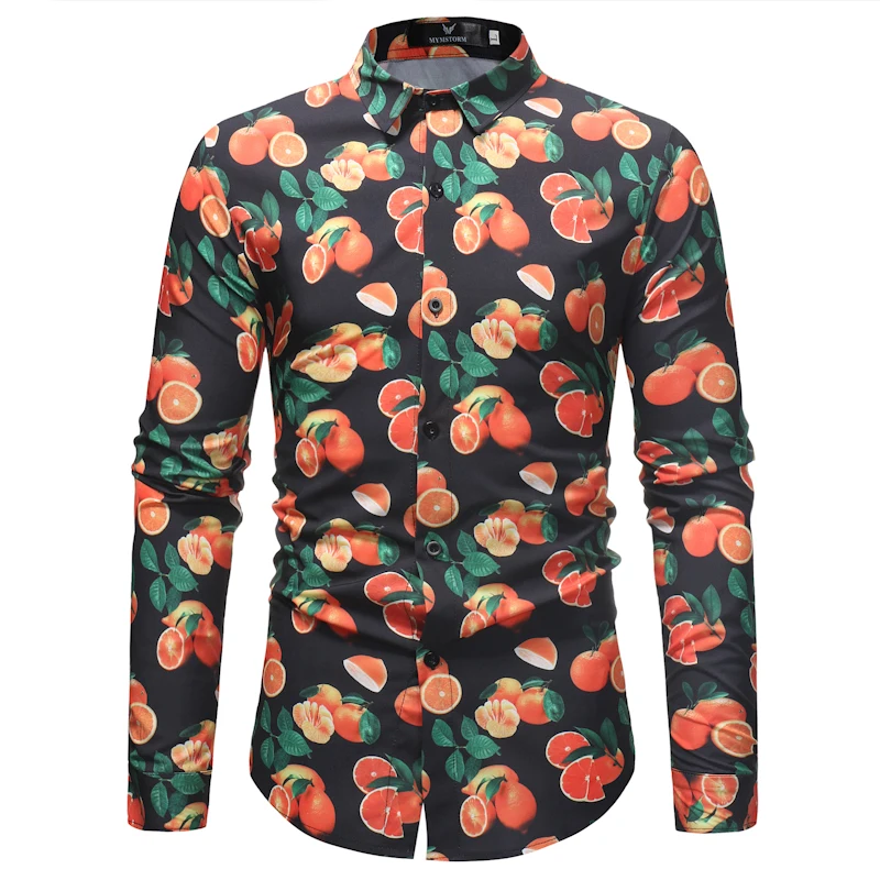 Men Casual Dress Shirts 2018 Fashion Fruit Print Slim Fit Long Sleeve