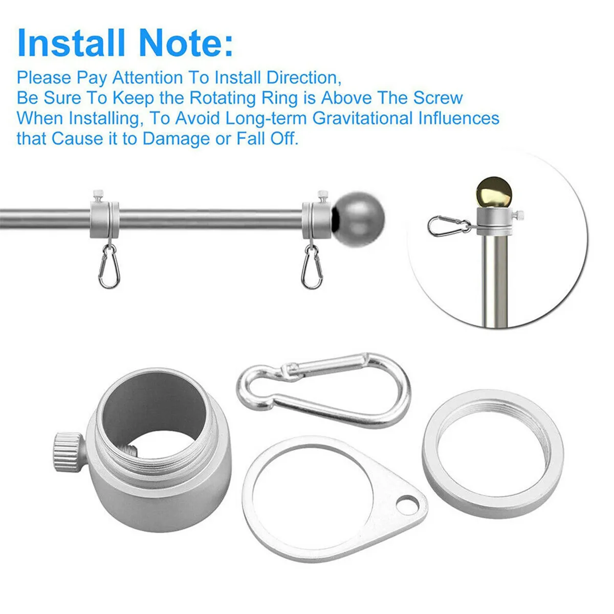 

Aluminum Alloy Flag Pole Rings 360 Degree Rotating Flagpole Flag Mounting Rings Kit with Carabiner for 0.75-1.02Inch Flagpole