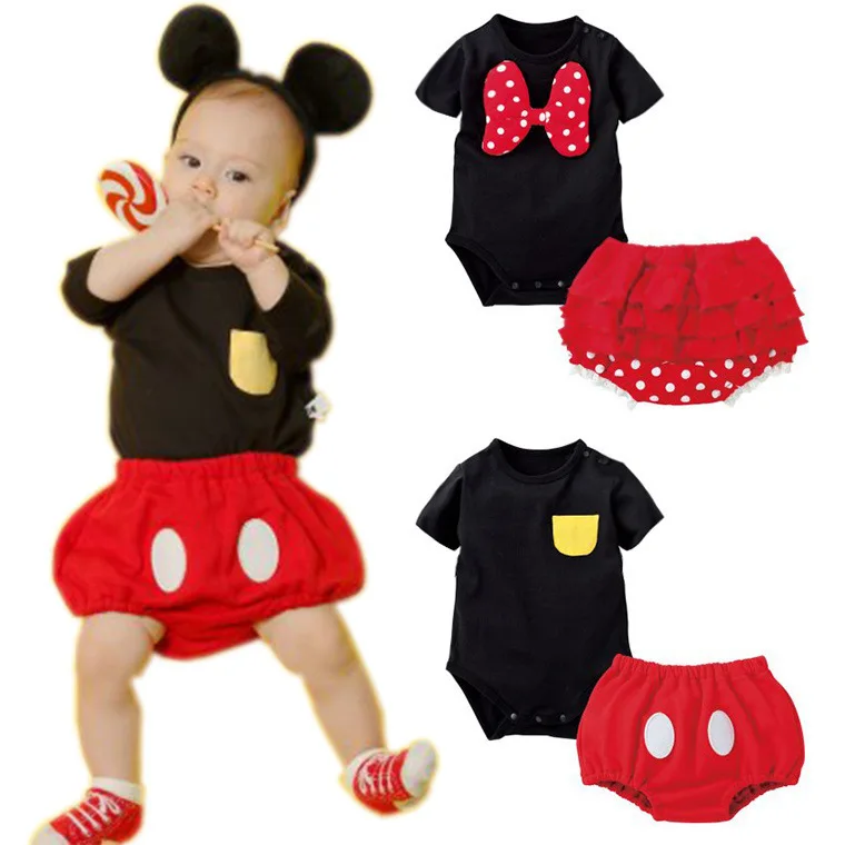 

Baby Mickey Minnie Cute Short-Sleeved Triangle Romper Cotton Jumpsuit Minnie Overalls Set Baby Clothes for Girls Boys Clothing