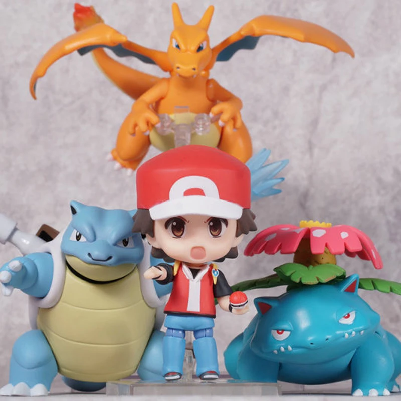 

Kawaii Nendoroid Trainer Red Aciton Figures Ash Ketchum Charizard Venusaur Blastoise Refaced Puppets Anime Figure Kids Toys Gift