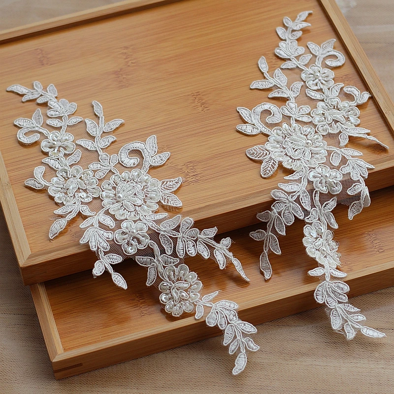 

Ivory Alencon Lace Applique Beaded Sequined Patch For Wedding Supplies Bridal Hair Flower Headpiece 1 pair