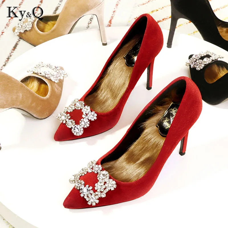 

2018 autumn and winter new velvet diamond-studded ladiesshoes diamond High Heel Shoes Velvet Wedding Women Shoes 5cm/8cm Heel