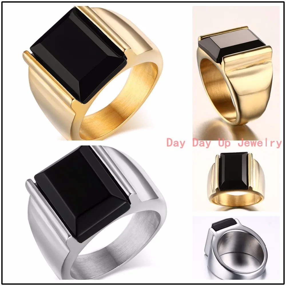 

Top Design Mens Womens Biker Jewelry 316L Stainless Steel Silver Or Gold Tone Agate Crown Finger Rings Black Square Stone