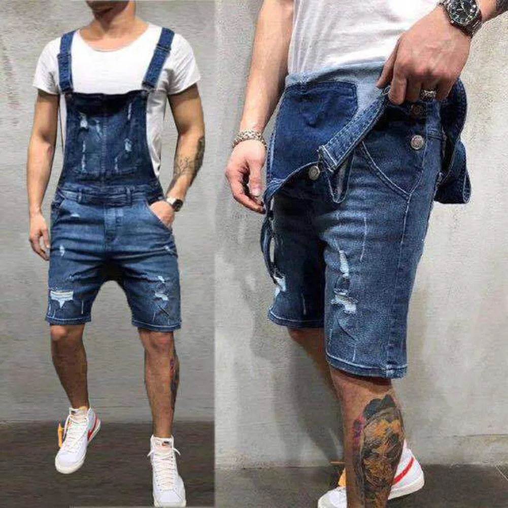 Men Pencil Pants Ripped Bib Jumpsuit Suspender Overalls Male Solid Summer Pants Overall