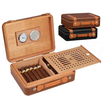 

COHIBA Portable Leather Cigar Case Travel Cedar Wood Cigar Humidor W/ Hygrometer Humidifier Humidor Box For Cigars