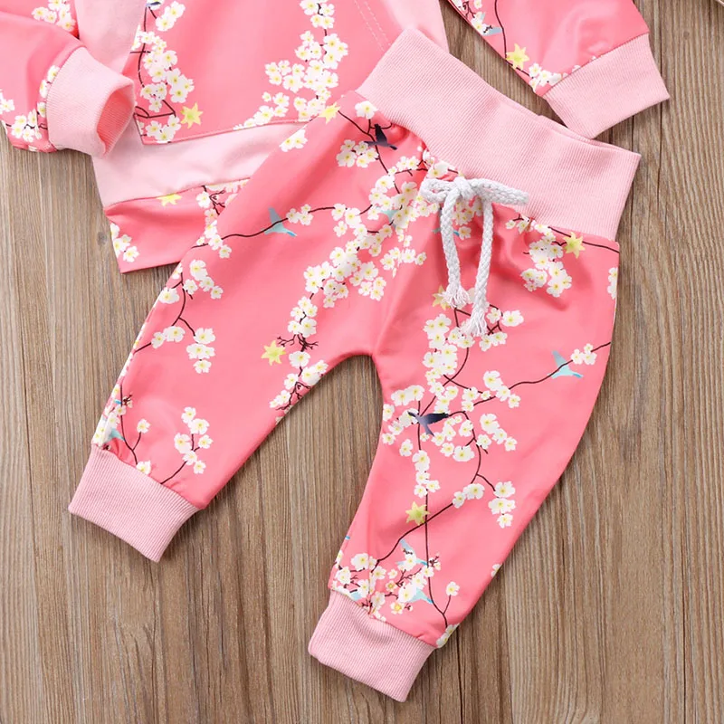 0-3Y комплект детской одежды для новорожденных, розовый топ с капюшоном и длинными рукавами и цветочным принтом+ длинные штаны-шаровары, комплект из 2 предметов, детский спортивный костюм