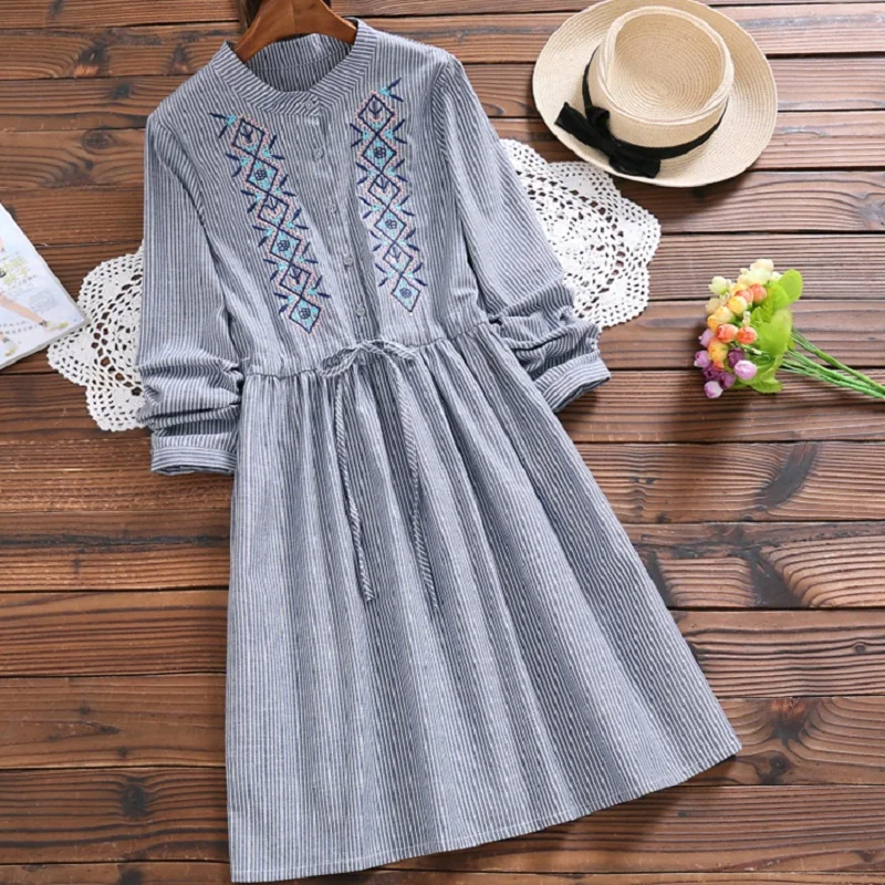 

Mori Girl Spring Autumn Women Cute Dress Stand Collar Stripe Embroidery String Vestidos Full Sleeve Cotton Linen Blue Dress