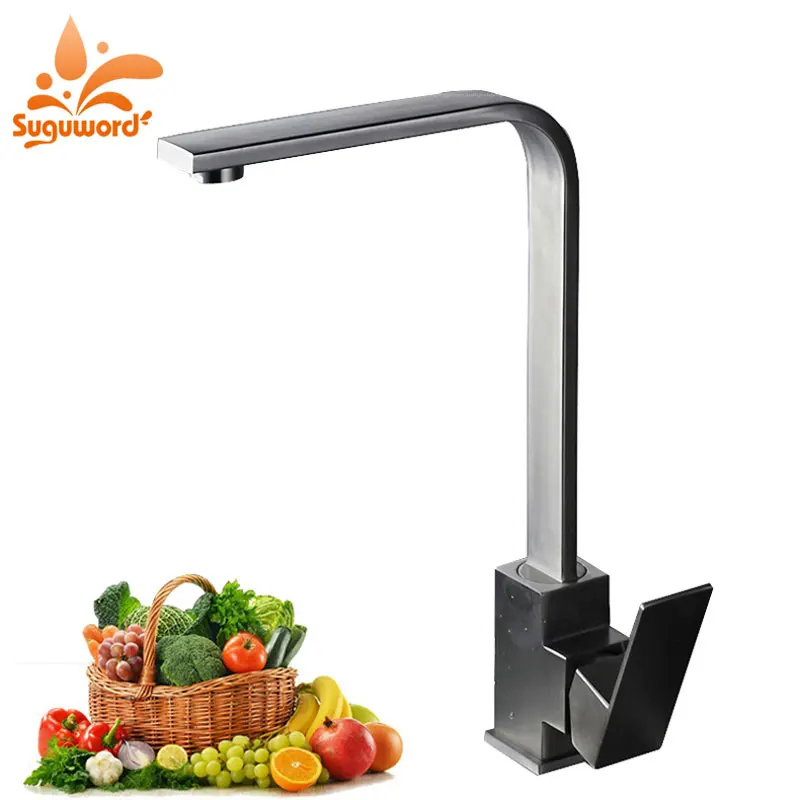 

Suguword Chrome or Brushed Nickel Kitchen Faucet Hot and Cold Mixer Tap Deck Mounted 360 Degree swivel Stainless Steel