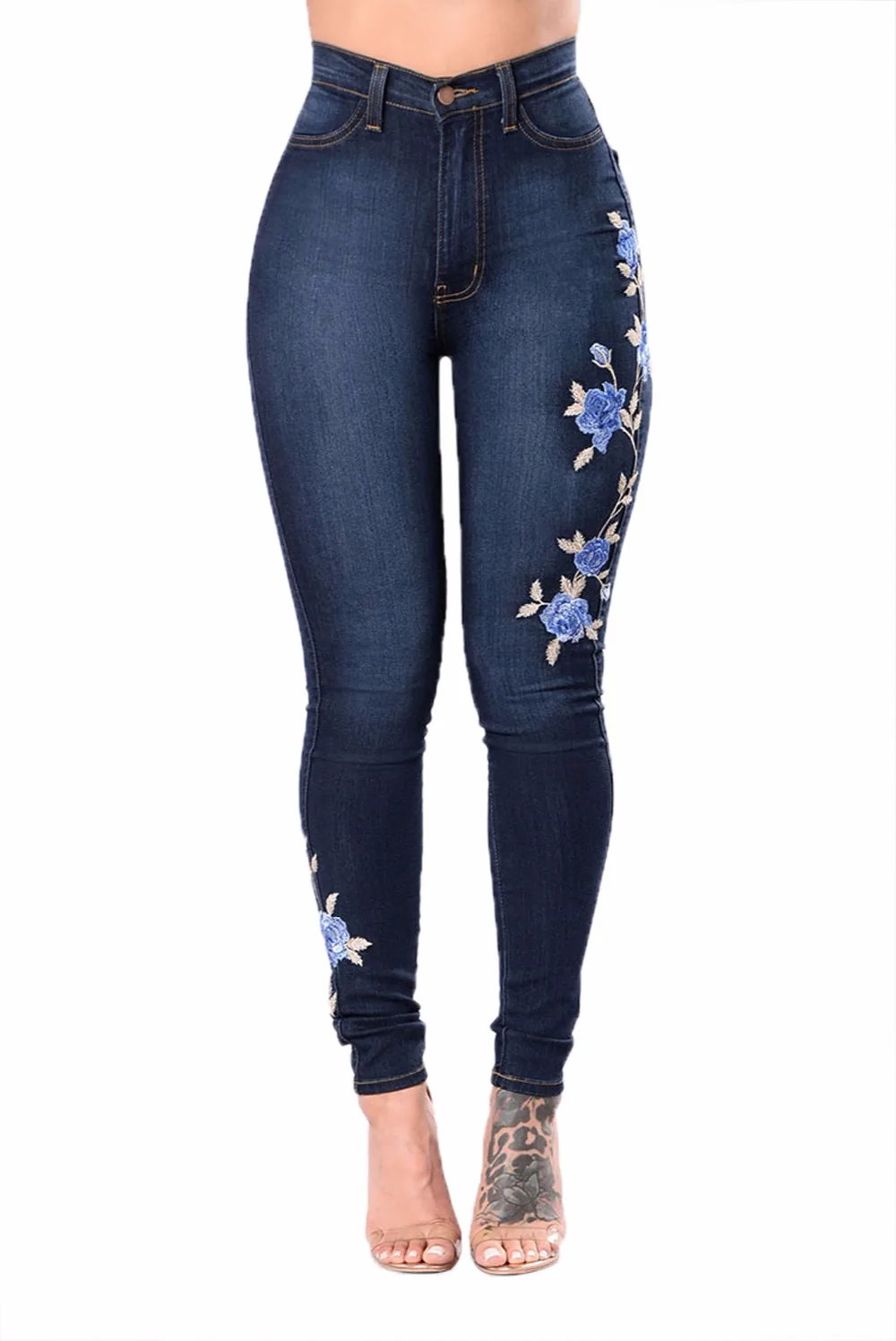 

S-3XL Women Sexy Floral High Waist Pencil Jeans Trousers No Name Denim Jeans