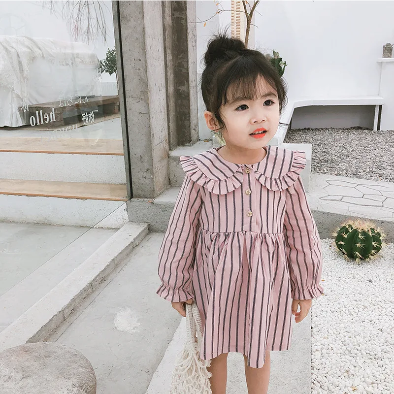 

2019 Toddlers Kids Spring Dress Long Sleeve Cute Baby Girls Princess Dress Striped Ruffles Collar Girls Costumes