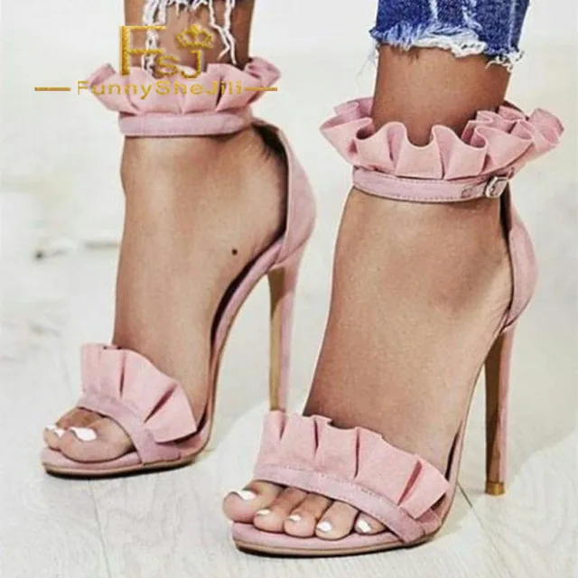 Pink Suede With Ruffles Heels Ankle Strap With Buckle Open Toe Stiletto