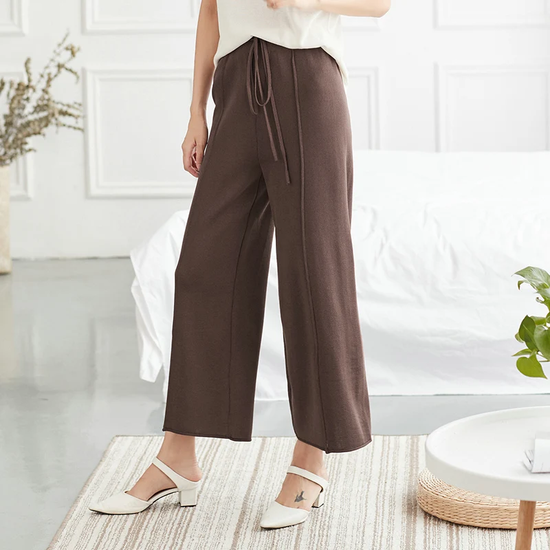 Женские черные широкие брюки с высокой талией и завязками на талии, длинные брюки-кюлоты, свободные тонкие модные сексуальные корейские трикотажные брюки - Цвет: midline Coffee