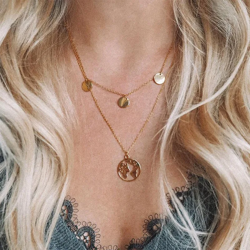 

FEOLEO Hot Sale Alloy Earth Map Double Layers Pendant Necklace Coin Choker Necklaces for Women Fashion Female Gift FLN009