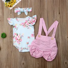 Милая одежда для маленьких девочек; кнопка для ремешка женский комбинезон; повязка на голову с бантом; Цельный купальник с цветочным принтом и рюшами; милые наряды из 3 предметов