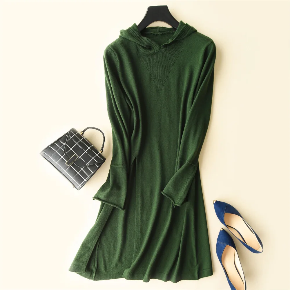 Hooded Dress Women Newest Autumn Winter Cashmere Wool Long Sleeve Flare Sleeve Split Hem with Hat Sweater Vestidos de Festa