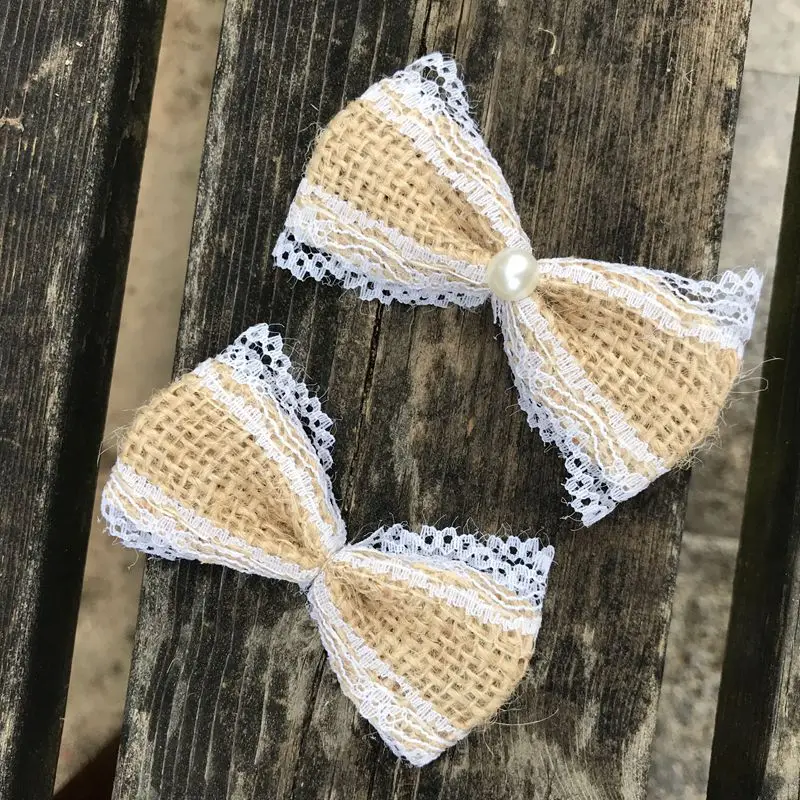 

100pcs handmade DIY bow knot Bride & Groom wedding decortations Natural Jute Burlap hessian bows wedding party favors