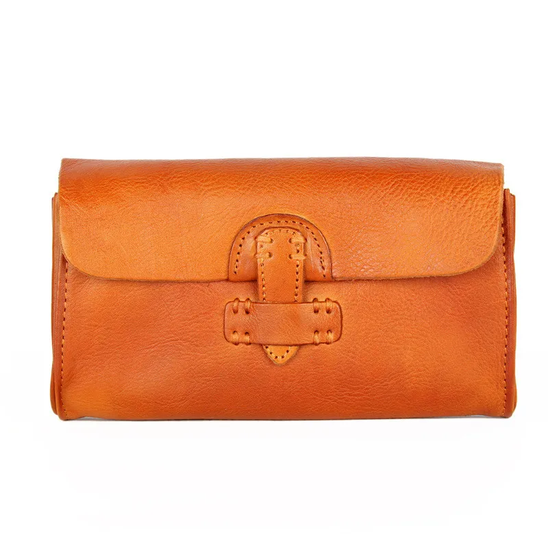 PNDME retro simple handmade genuine leather ladies clutch bag waterproof soft cowhide multi card women party wallet female purse