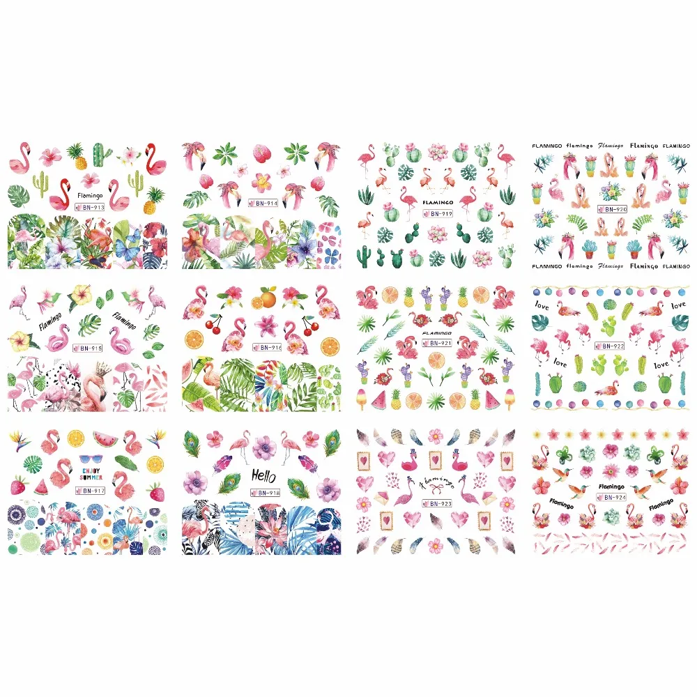 

12 PACKS / LOT NAIL ART BEAUTY WATER DECAL SLIDER NAIL STICKER TROPICAL PLANT PALM FLAMINGO BIRD CACTUS PINE APPLE BN913-924