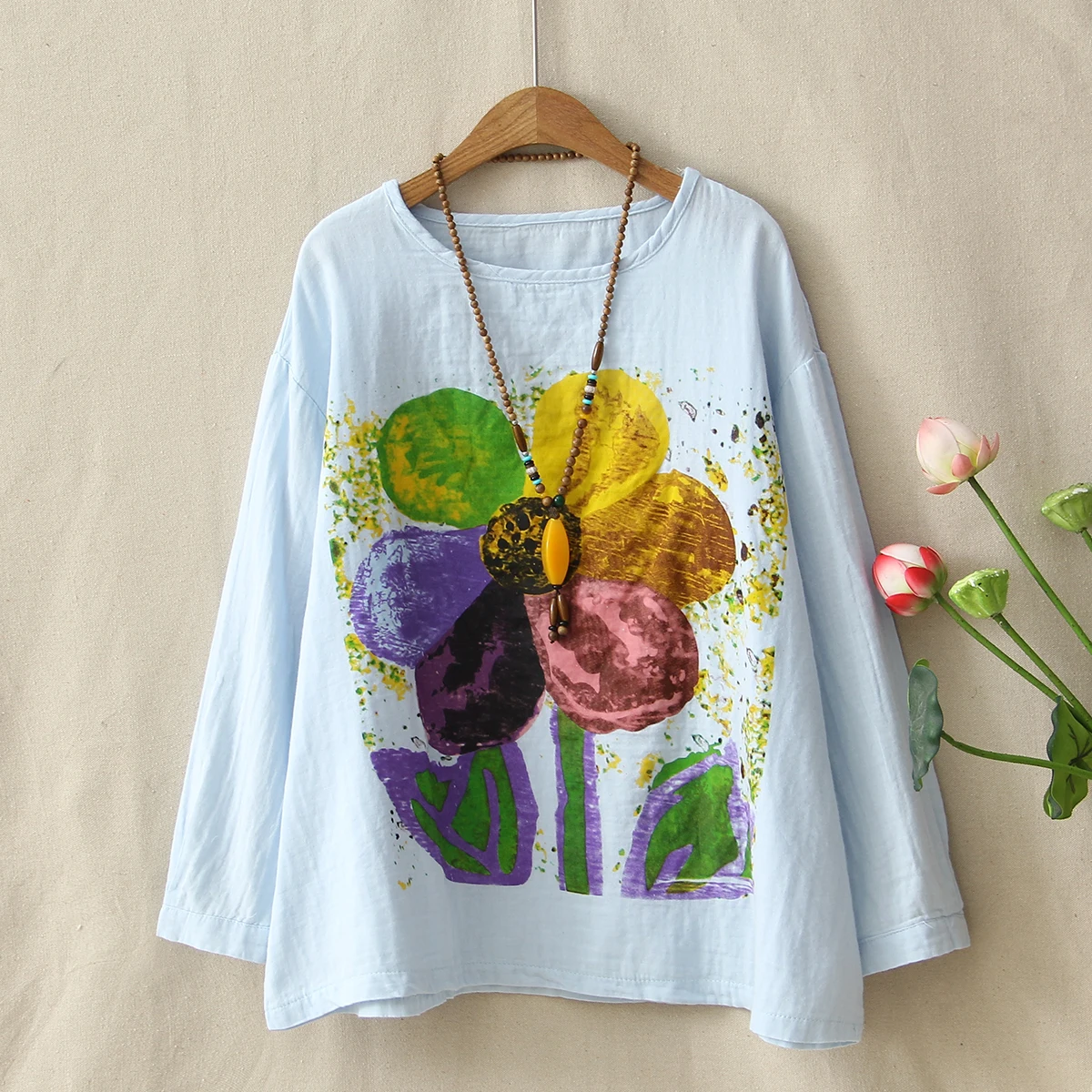 Autumn New Long Sleeved Women's Art Flower Painted Printed T shirt Loose Big Size O Neck Tee